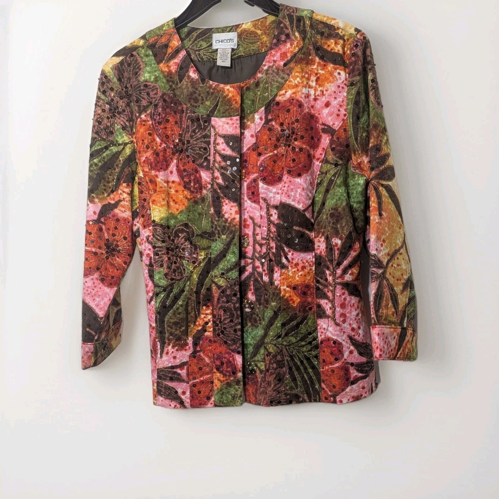 Chico's  Jacket Top Multicolor Button Up Womens Size 1 Floral Pink Brown Fall